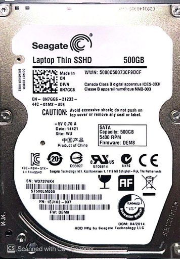 SEAGATE 500GB ST500LM000 1EJ162-037 SN. W37376K4 2.5 SATA